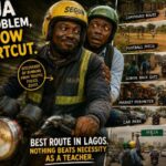 Two Lagos men riding an okada motorcycle through chaotic shortcut routes across Lagos mainland, including compounds, football fields, school gates, and markets. The rider looks confident while the passenger looks terrified, with bold comic-style text highlighting funny Lagos traffic humor and the journey to Ikeja.