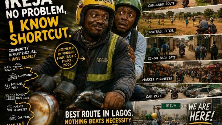 Two Lagos men riding an okada motorcycle through chaotic shortcut routes across Lagos mainland, including compounds, football fields, school gates, and markets. The rider looks confident while the passenger looks terrified, with bold comic-style text highlighting funny Lagos traffic humor and the journey to Ikeja.