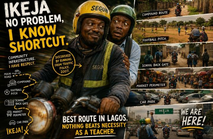 Two Lagos men riding an okada motorcycle through chaotic shortcut routes across Lagos mainland, including compounds, football fields, school gates, and markets. The rider looks confident while the passenger looks terrified, with bold comic-style text highlighting funny Lagos traffic humor and the journey to Ikeja.