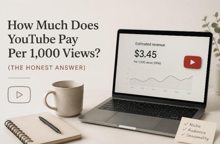 Minimal illustration of a laptop displaying YouTube earnings per 1,000 views (RPM), with a notebook and coffee mug representing YouTube monetization and creator income.
