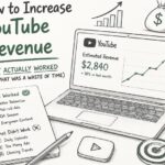 Minimal sketch illustration showing strategies to increase YouTube revenue with a laptop displaying earnings growth, checklist, and upward analytics chart.