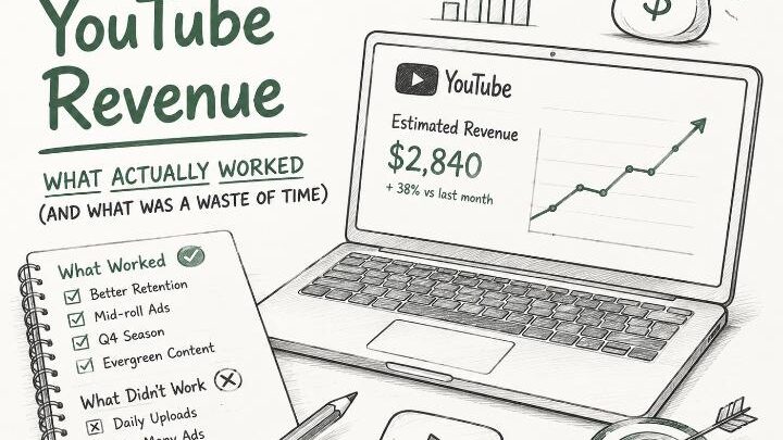 Minimal sketch illustration showing strategies to increase YouTube revenue with a laptop displaying earnings growth, checklist, and upward analytics chart.