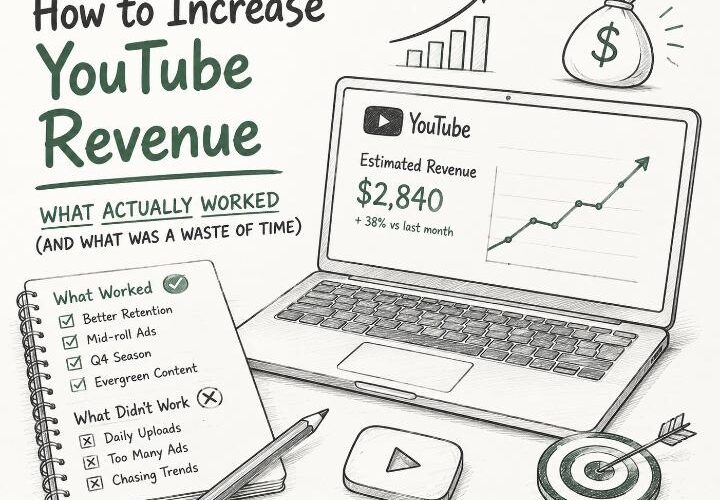 Minimal sketch illustration showing strategies to increase YouTube revenue with a laptop displaying earnings growth, checklist, and upward analytics chart.