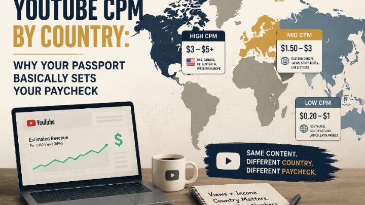 YouTube CPM by country infographic showing how audience location affects creator earnings.