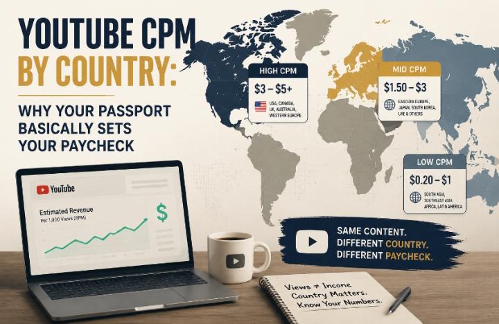 YouTube CPM by country infographic showing how audience location affects creator earnings.